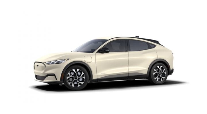 Image of the 2025 Ford Mustang Mach-E wearing Desert Sand, a brand-new color. There are eight colors offered on the electric crossover.