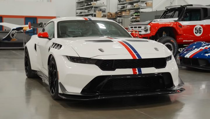 Video still of the Ford Mustang GTD from a front three-quarters view. This muscle car packs over 800 horsepower.