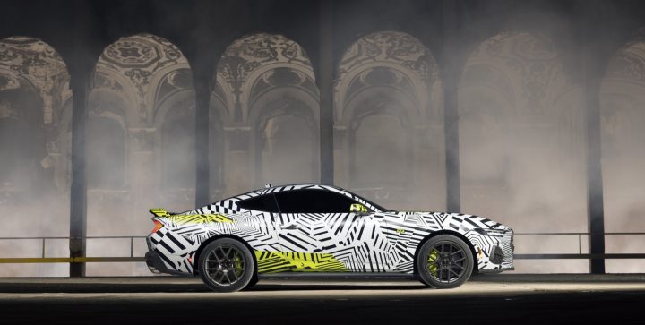 Image of the Ford Mustang RTR, shown in side profile from the passenger's side. 