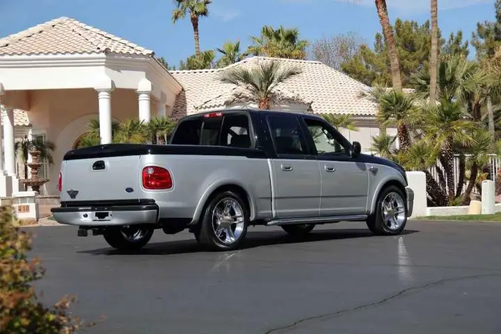 A photo showing the exterior of a 2003 Ford F-150 Harley-Davidson Edition from a rear three quarters angle.