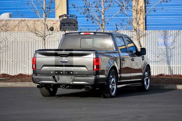 A photo showing the exterior of a 2018 Ford F-150 Shelby Super Snake from a rear three quarters angle.