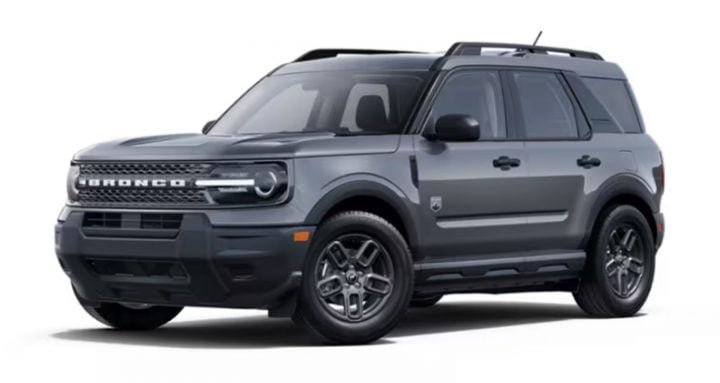 Image of the 2025 Ford Bronco Sport viewed from a front three-quarters angle. There are six grille options offered on this model.