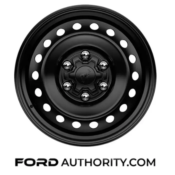 Image of the 17-inch Black High Gloss-Painted Steel wheel, one of the wheels offered on the 2025 Ford Bronco Big Bend. 