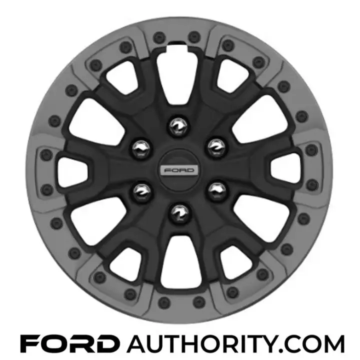 Photo of the 17-inch Dark Carbonized Gray painted beadlock capable forged alloy wheel, one of two options offered on the 2025 Ford Bronco Raptor.