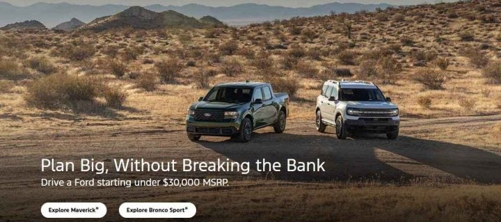 A photo showing the exterior of the 2025 Ford Maverick and Bronco Sport from a front three quarters angle.