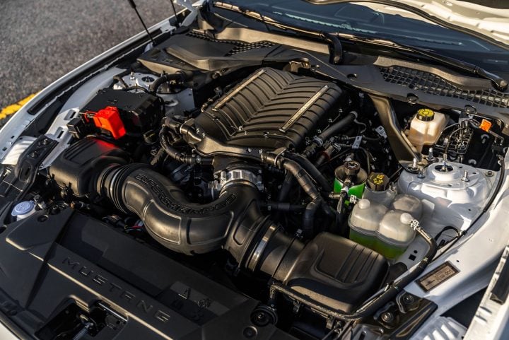 A photo showing the engine bay of the 2025 Steeda Q850 StreetFighter Ford Mustang GT.
