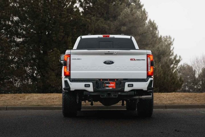 A photo showing the exterior of the 2025 Roush Super Duty from a rear angle.
