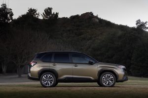 A photo showing the exterior of the 2025 Subaru Forester Hybrid from a side angle.