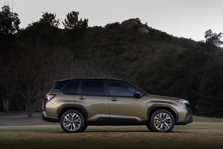 A photo showing the exterior of the 2025 Subaru Forester Hybrid from a side angle.