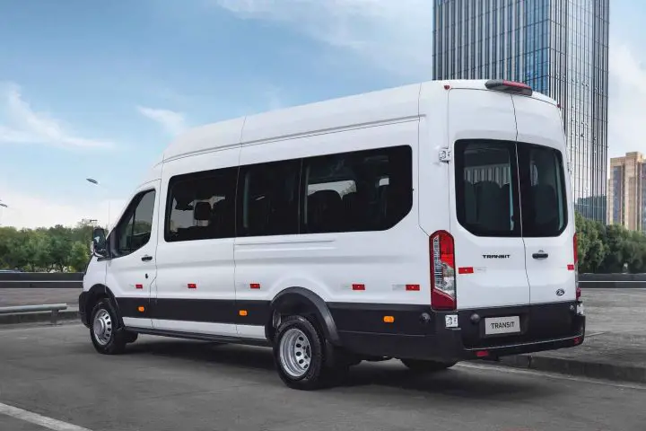 A photo showing the exterior of the 2026 Ford Transit from a rear three quarters angle.