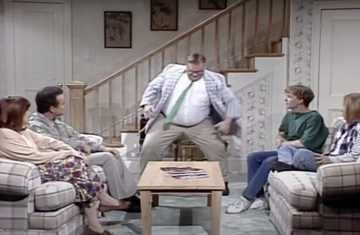 A photo of Chris Farley performing on Saturday Night Live as Matt Foley, Motivational Speaker.