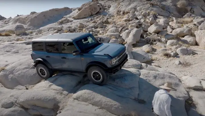 A photo showing the exterior of the Ford Bronco from a front three quarters angle.