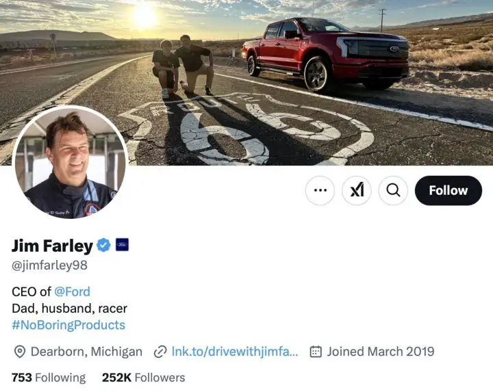 A photo showing Ford CEO Jim Farley and his updated X bio.