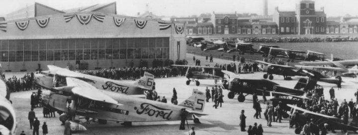 Photo taken in the 1930s, showing several vintage aircraft parked onsite at what would eventually become the Ford Dearborn Development plant. 