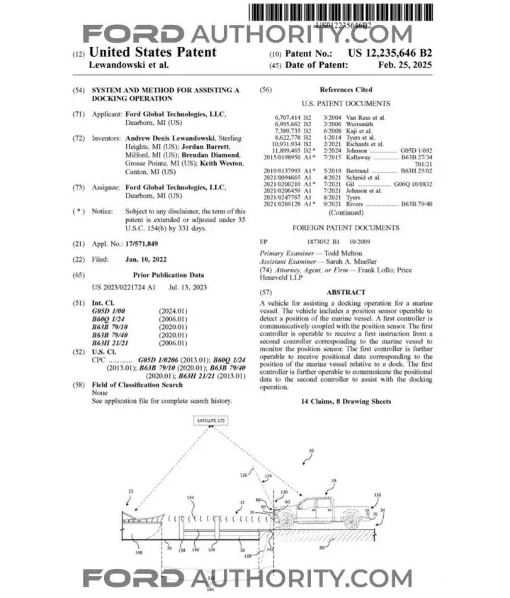 A Ford patent filing for a boat docking assistance system.