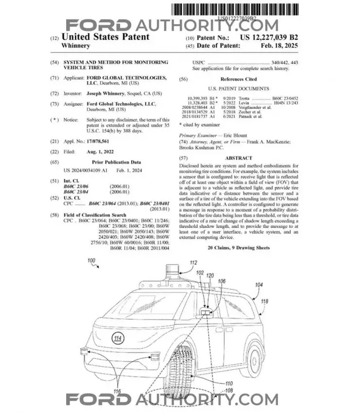 A Ford patent filing for a tire monitoring system for autonomous vehicles.