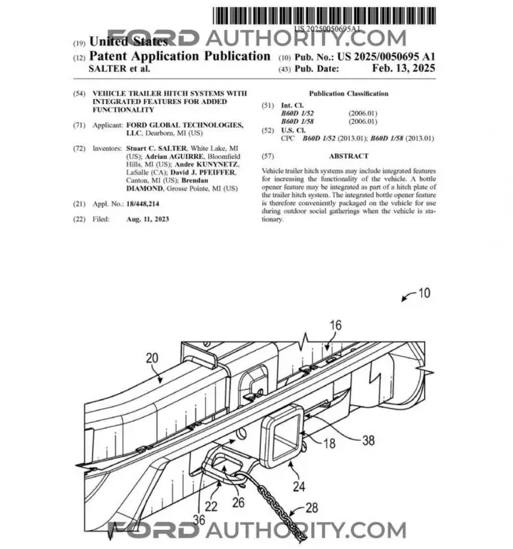 A Ford patent for a trailer hitch with a bottle opener built into it.