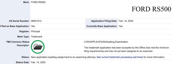 A trademark filing for Ford RS500 filed with the United States Patent and Trademark Office.