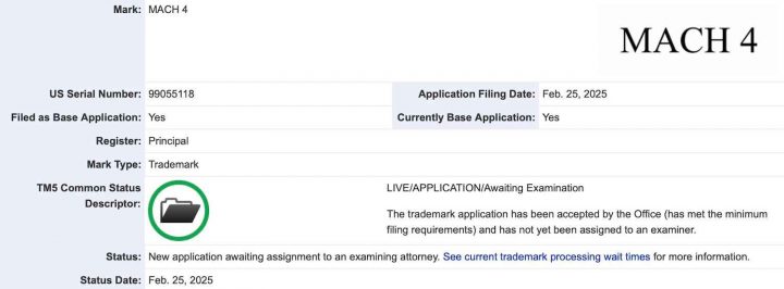 A photo showing a Ford trademark filing for Mach 4.