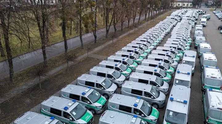 A photo showing an aerial view of the Ford Transit fleet purchased by the Polish Border Guard. It includes 49 Ford Transit and 60 Ford Transit Custom units. 