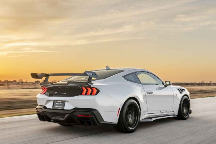 A photo showing the exterior of the Hennessey Super Venom S650 Ford Mustang from a rear three quarters angle.