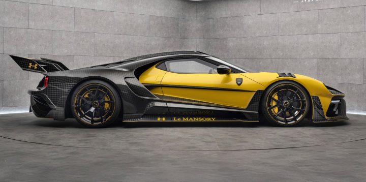 A photo showing a side view of the Le Mansory Under Armour Ford GT. This vehicle is a one-of-one that will be revealed in August 2025.