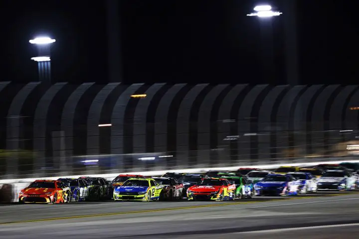 Photo showing a general view of racing in the 2025 Daytona 500. William Byron would go on to win while the NASCAR Ford drivers wrecked out.