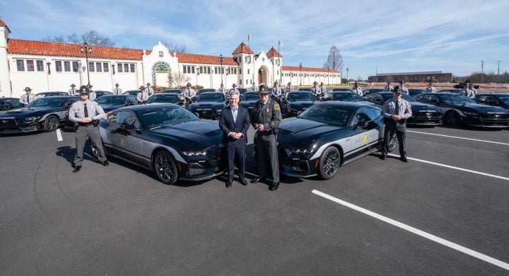 A photo showing the North Carolina State Highway Patrol Ford Mustang GT fleet from a front three quarters angle.