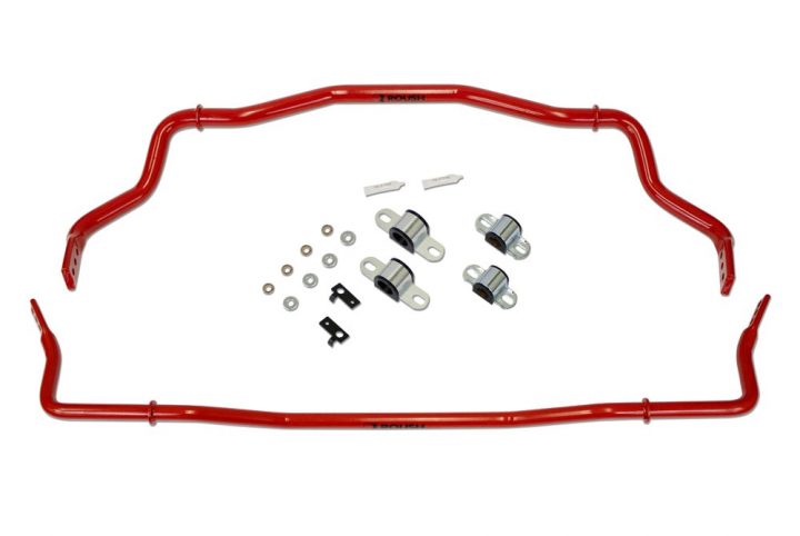 Photo of the front and rear adjustable sway bar kit offered by Roush Performance. This kit fits the 2015 through 2025 Ford Mustang. 