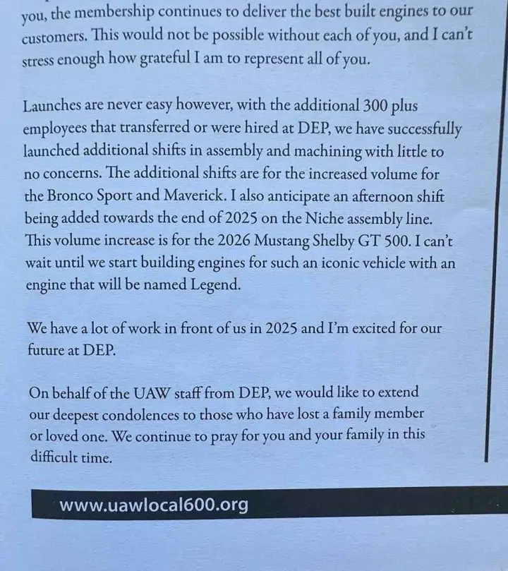 A photo of a letter allegedly from the UAW Local 600 referring to the 2026 Shelby GT500.