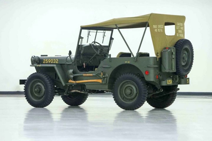 A photo showing the exterior of a 1945 Ford GPW from a rear three quarters angle.