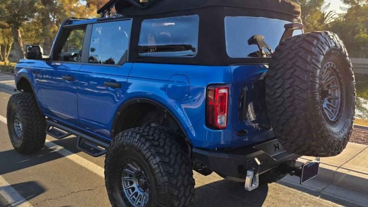 A photo showing the exterior of a 2022 Ford Bronco from a rear three quarters angle.