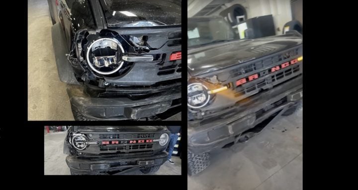 A photo showing a 2022 Ford Bronco wrecked by a dealer from a front angle.