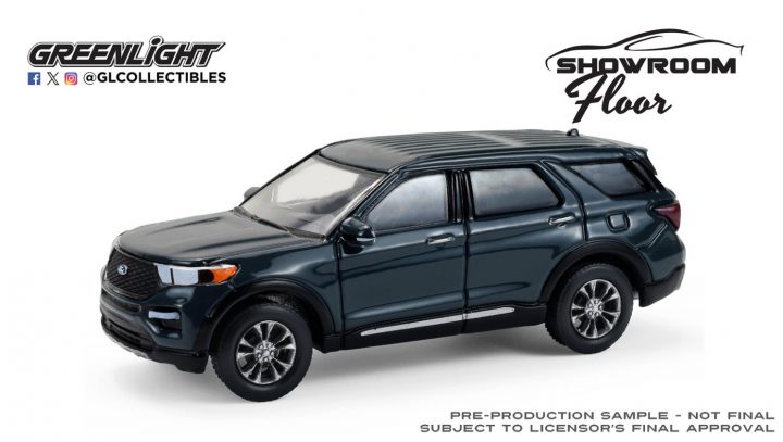 Product photo of the 2024 Ford Explorer die cast featuring Stone Blue paint. The diecast is being offered by Greenlight Collectibles.