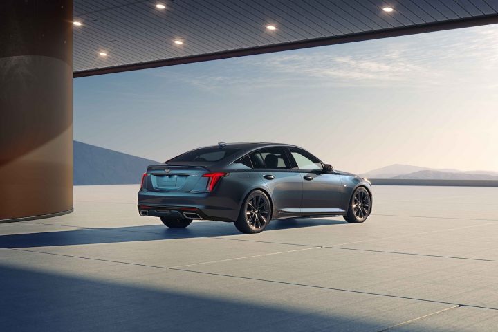 A photo showing the exterior of the 2025 Cadillac CT5 from a rear three quarters angle.