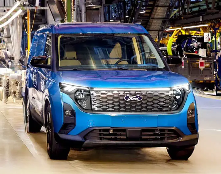 A photo showing the 2025 Ford E-Transit Courier from a front three quarters angle.