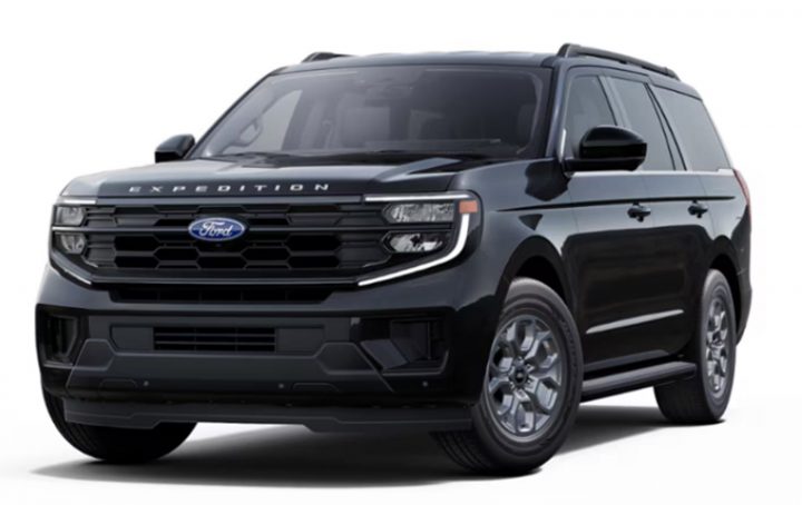 Photo of the 2025 Ford Expedition shown from a front three-quarters angle, wearing Agate Black Metallic paint, one of eight colors available on the full-size SUV.