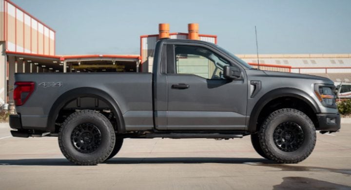 Photo showing a side view of the 2025 Ford F-150 Alpha Sport Package by PaxPower. This package enhances the F-150's off-road capabilities. 