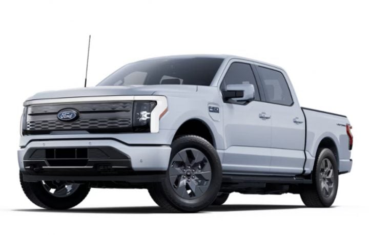 Photo of the 2025 Ford F-150 Lightning in Space White Metallic, shown from a front three-quarters angle. There are eight colors offered on the electric pickup. 