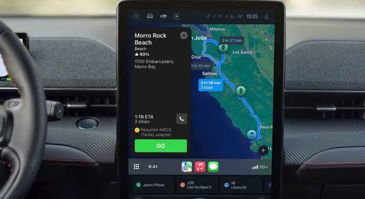 A photo showing the new Apple CarPlay NACS routing feature for Ford EVs.