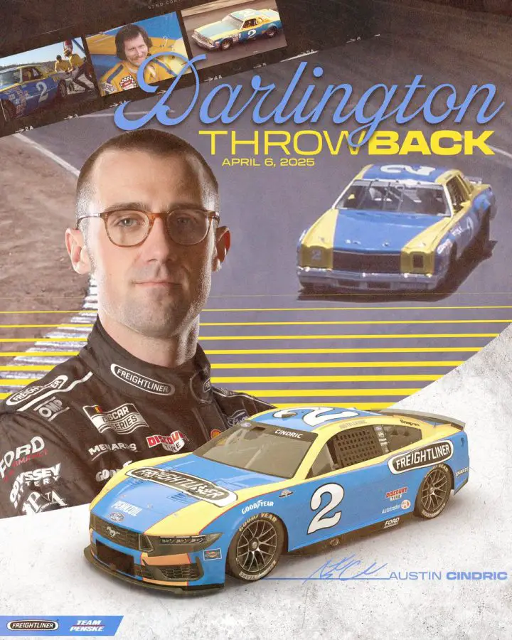 Photo of Austin Cindric's No. 2 NASCAR Ford, announcing its throwback paint scheme with a photo of the Chevy of Dale Earnhardt alongside it. 