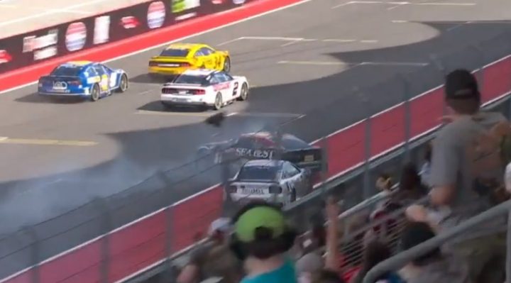 Video still of the incident between Austin Cindric and Ty Dillon, showing Cindric continuing to race while Dillon spins out and collects another car. Cindric could be penalized. 