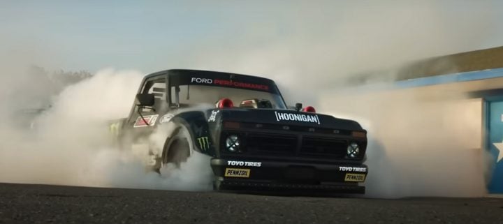Video still of the Ford F-150 Hoonitruck being driven by Ken Block. Block's family tried to purchase it back when it went up for sale last month. 