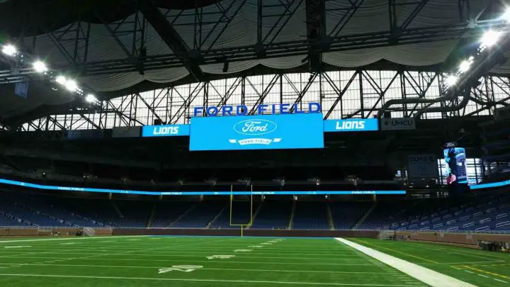 A photo showing the inside of Ford Field, home of the Detroit Lions.