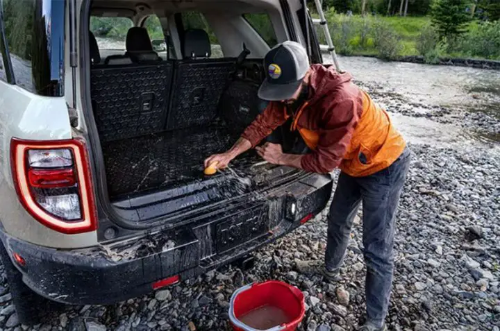 Photo showing the cargo area of the 2024 Ford Bronco Sport equipped with rubberized second row seatbacks. These are no longer offered on two 2025 Ford Bronco trims, but are optional on others. 