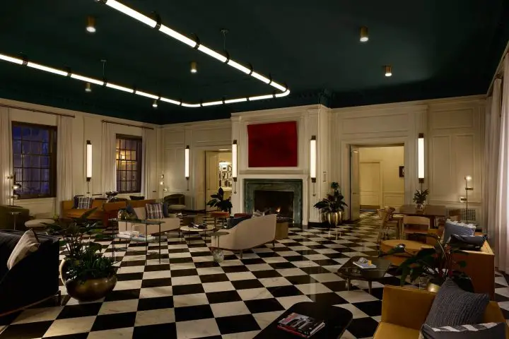 Photo showing the lobby interior of the Dearborn Inn, which is located on the Ford Dearborn campus in Michigan. It's finally open after a two-year renovation period.
