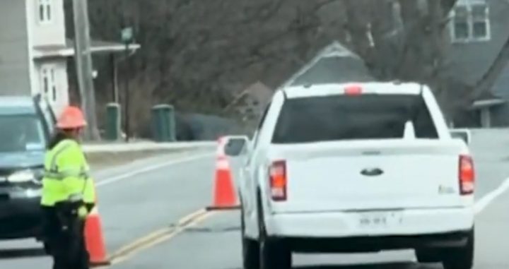 Video still of William Stanley stopping his Ford F-150 to confront DOT workers in a construction zone. He was later arrested and charged. 