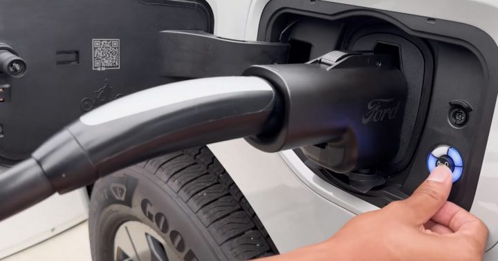 Video still of the Ford Fast Charging Adapter being plugged into a Ford EV. This accessory was codeveloped with Lectron and underwent extensive durability testing.