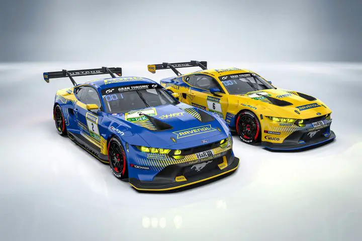 Photo showing a rendering of the two Ford Mustang GT3 fielded by HRT in the 2025 NLS series. It's the first time HRT will compete with Ford machinery.