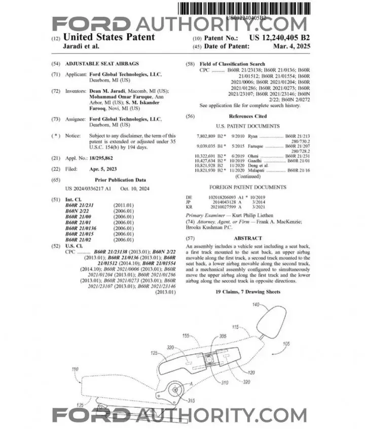 A Ford patent filing for adjustable seat airbags.